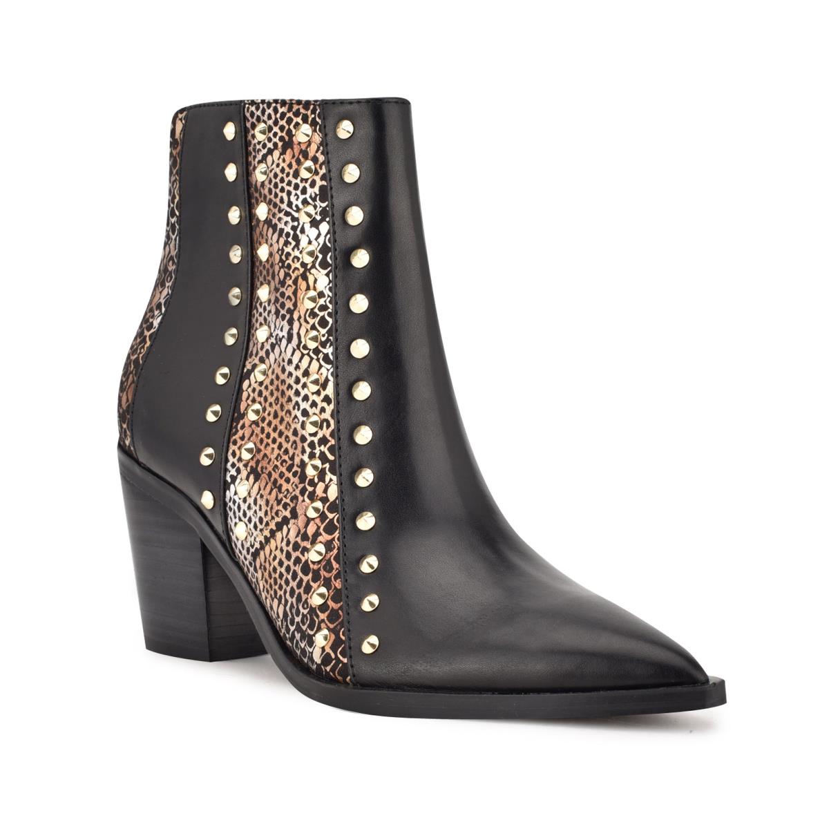 Booties Nine West What Studded Block Heel Mujer Negras Doradas | 0158OVNJU