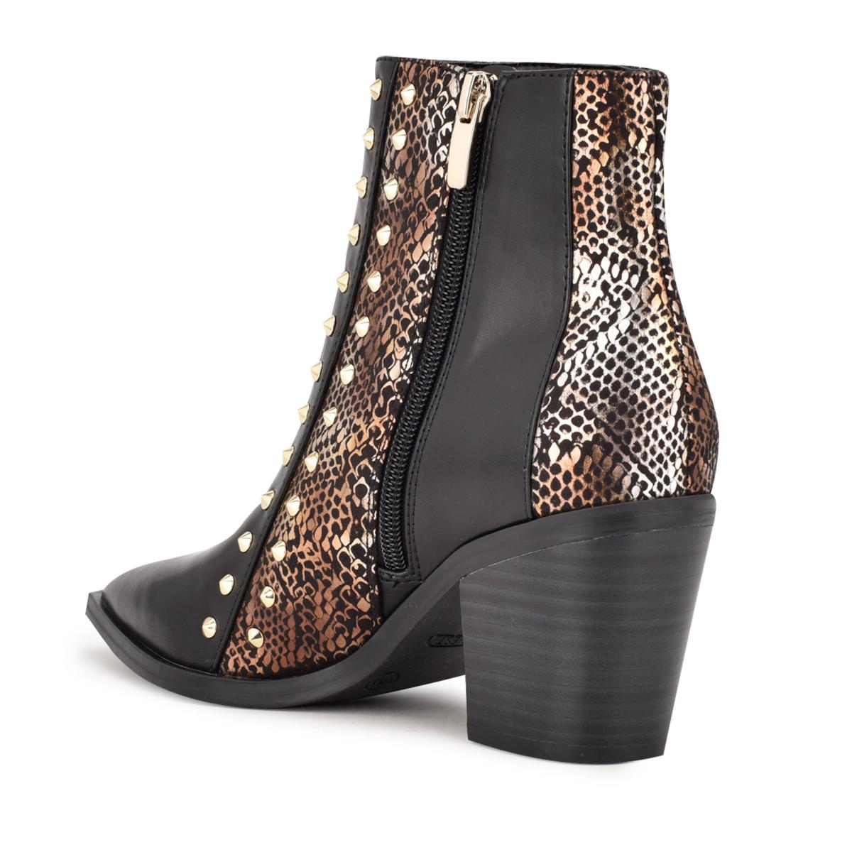 Booties Nine West What Studded Block Heel Mujer Negras Doradas | 0158OVNJU