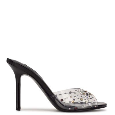 Sandalias Deslizantes Nine West Ido Rhinestone Heeled Mujer Negras | 4928VJZKN